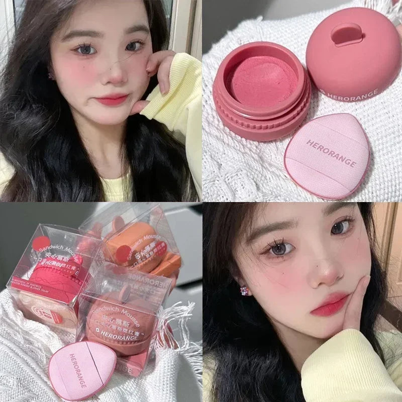 Mousse Blush Palette Rose Hawthorn Cheek Tint Blusher with Puff Natural Face