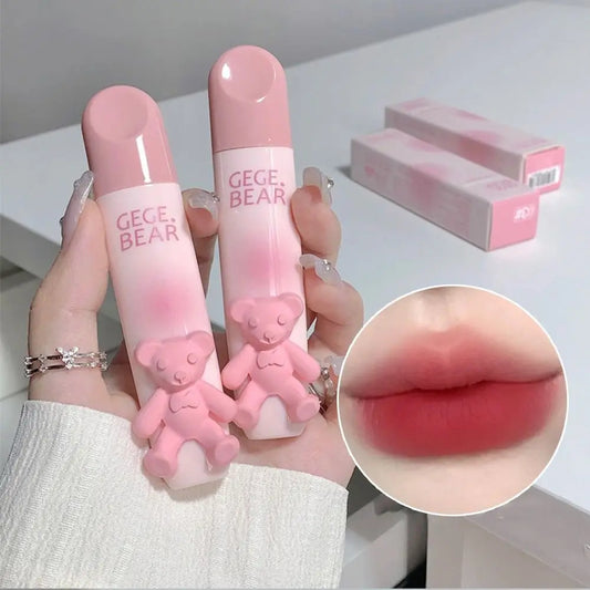 Long Lasting Korean Adorable Bear Lip Gloss Sweet Smooth 6Color Lip Tint Mud Blush Non-Sticky Cup Velvet Matte Lipgloss Girls