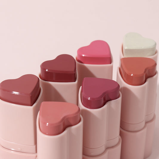 Korean Cute Kawaii Heart Shape Vegan Creamy Blush Stick Matte Silky Waterproof Pink Blush Cream Makeup Stick High Pigment 3in1 Lip Eye Cheek Tint