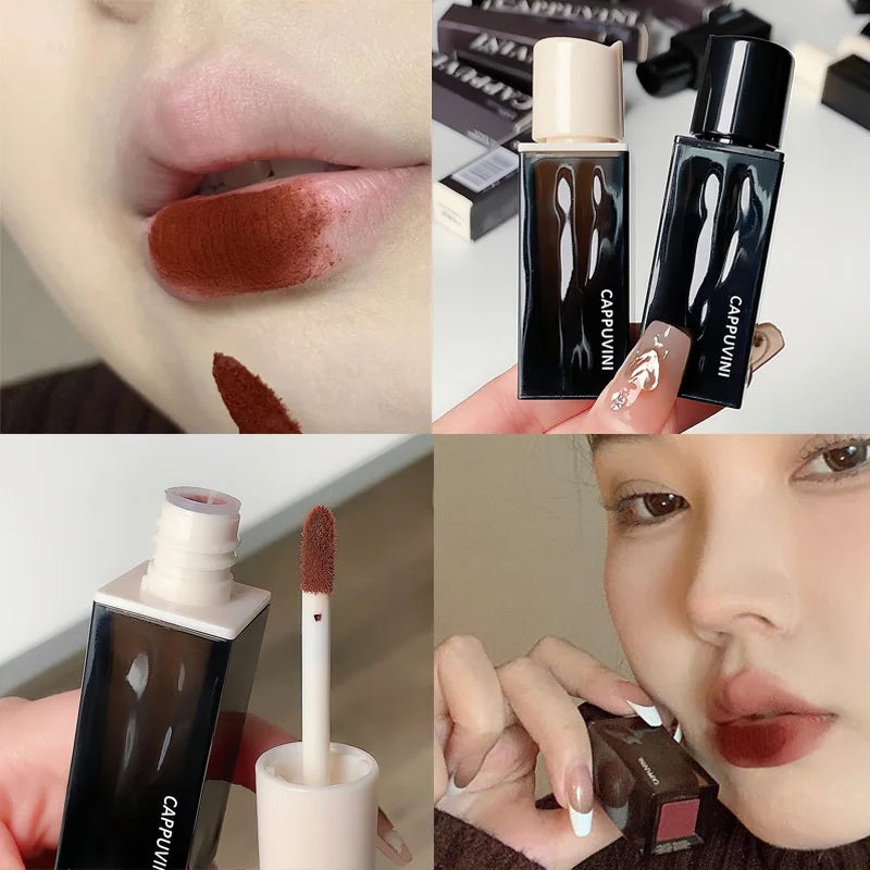 Korean Sexy Dark Brown Matte Velvet Lip Gloss Waterproof Liquid Lipstick Nude Brown Lips Tint Mud Makeup Latte Coffee Lip Glaze Cosmetics