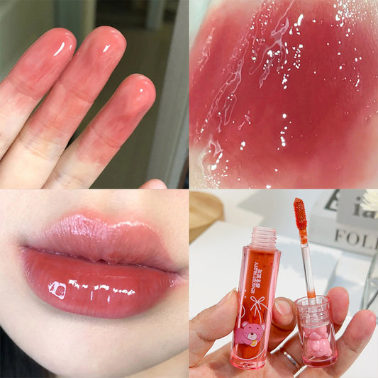 Cute Korean Crystal Glossy Lip Glaze Mirror Cute Bear Lip Gloss Waterproof Transparent Nude Liquid Lipstick Lip Girls Makeup Korean Makeup