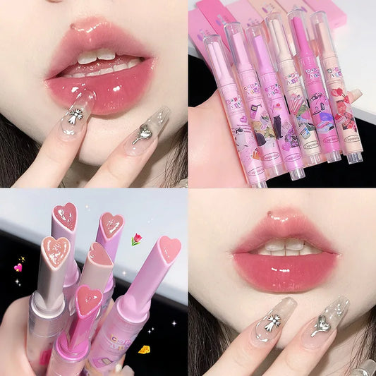 Sweet Heart Shaped Lipstick Flower Jelly Water Lip Gloss Clear Light Hydrating Nourishing Lip Tint Non-stick Cup Korean Cosmetic