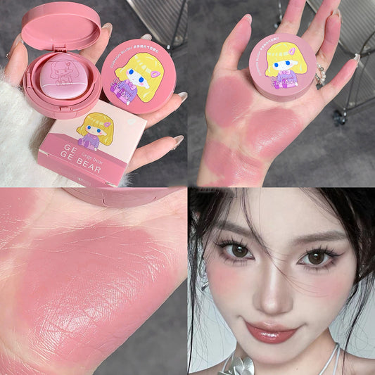 Cute Korean Kawaii Girl Blush Gege Bear Air Cushion Blush Cream Waterproof Lasting Natural Cream Cheek Tint Blush with Puff Peach Pink Rouge Girl Blush Makeup