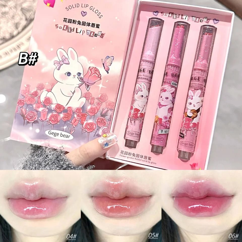 Gege Bear Cute Rabbit Jelly Lip Gloss Mirror Glass Solid Lip Glaze Flowers Water Light Heart Shape Lipstick