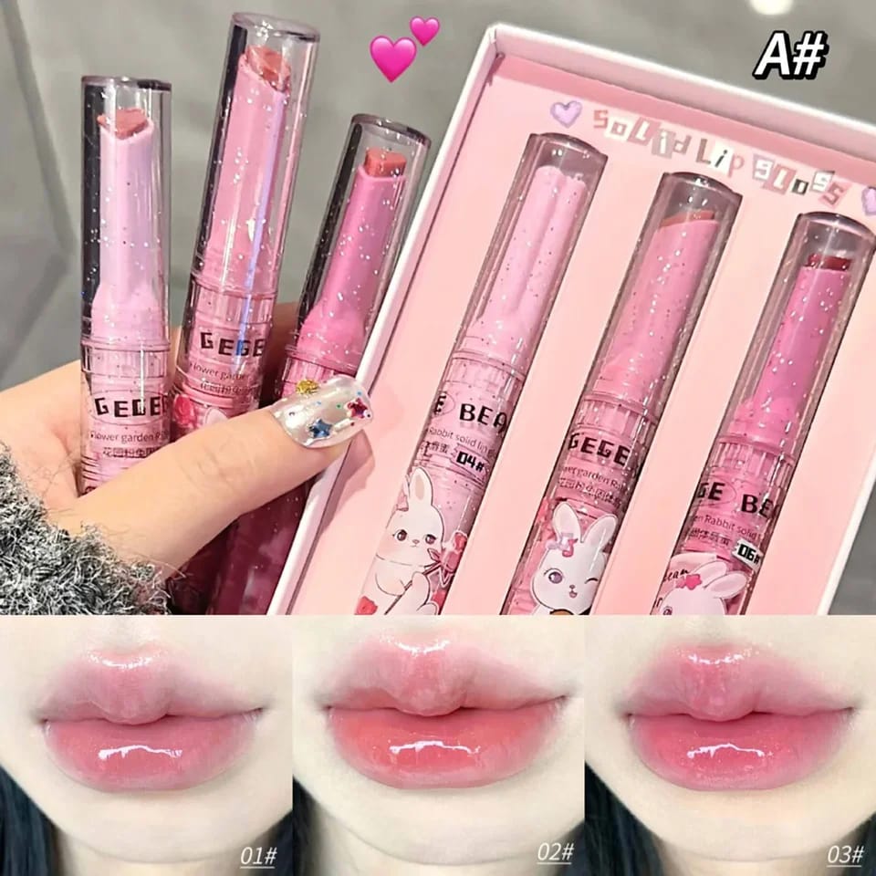 Gege Bear Cute Rabbit Jelly Lip Gloss Mirror Glass Solid Lip Glaze Flowers Water Light Heart Shape Lipstick