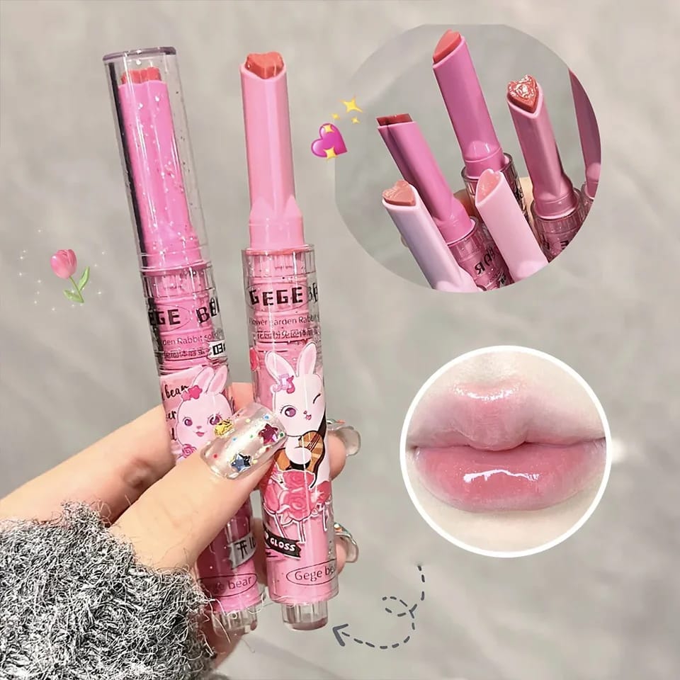 Gege Bear Cute Rabbit Jelly Lip Gloss Mirror Glass Solid Lip Glaze Flowers Water Light Heart Shape Lipstick