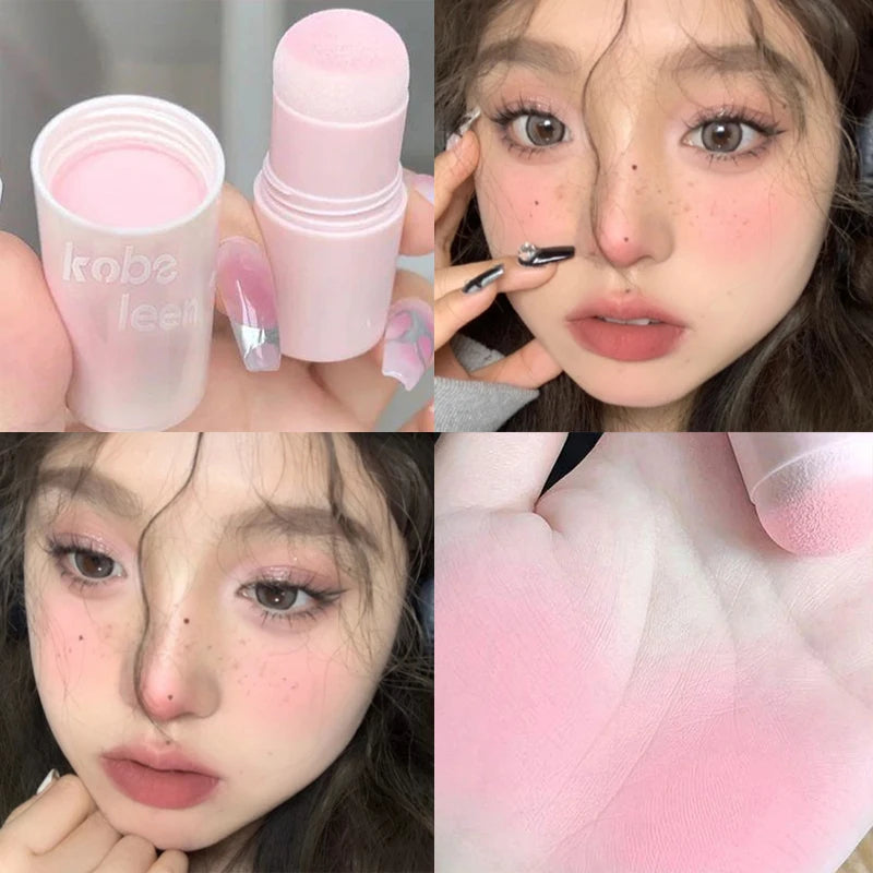 Korean Girly Blush Stick with Sponge Head Easy To Use Waterproof Lasting Brightening Face Contouring Shadow Blusher