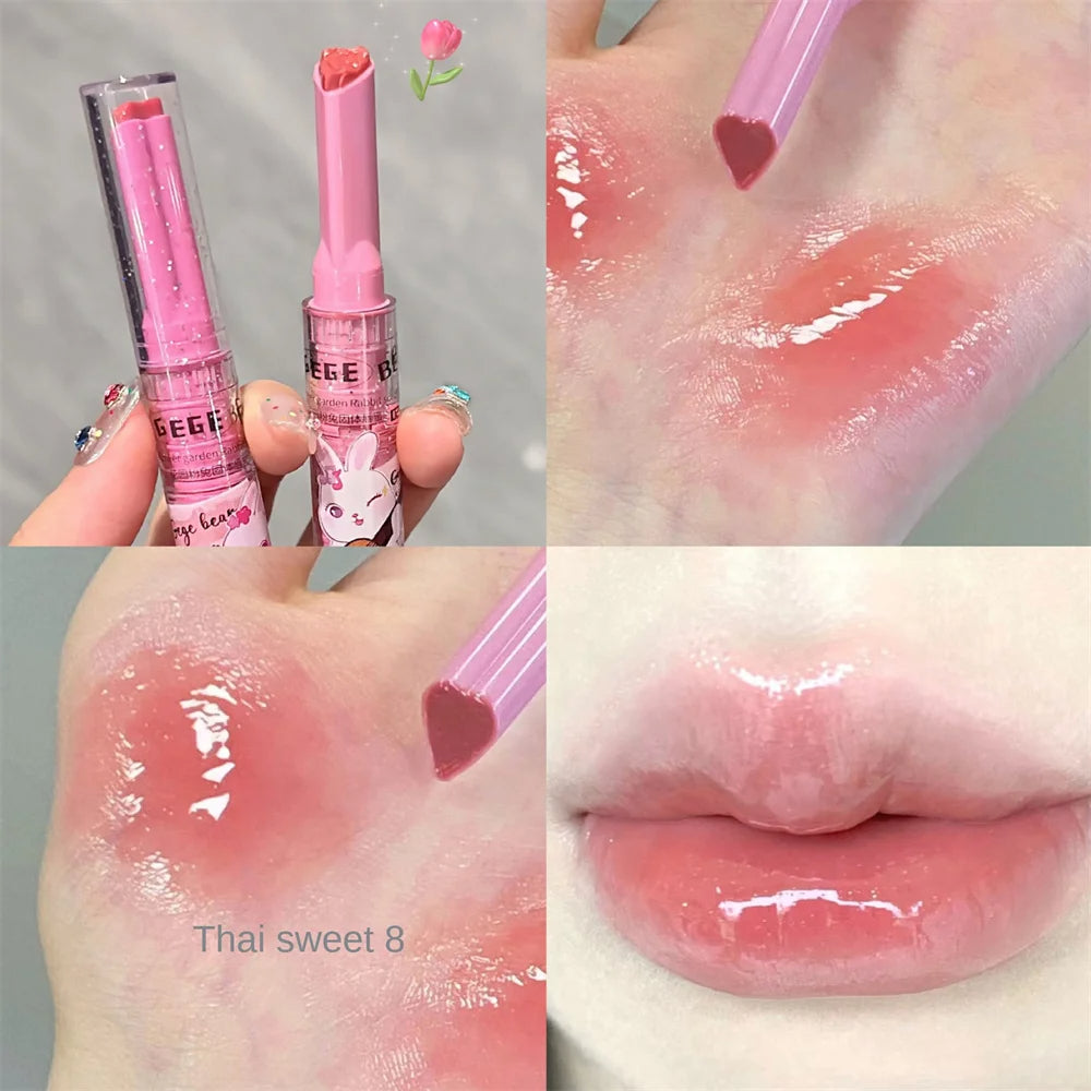 Gege Bear Cute Rabbit Jelly Lip Gloss Mirror Glass Solid Lip Glaze Flowers Water Light Heart Shape Lipstick