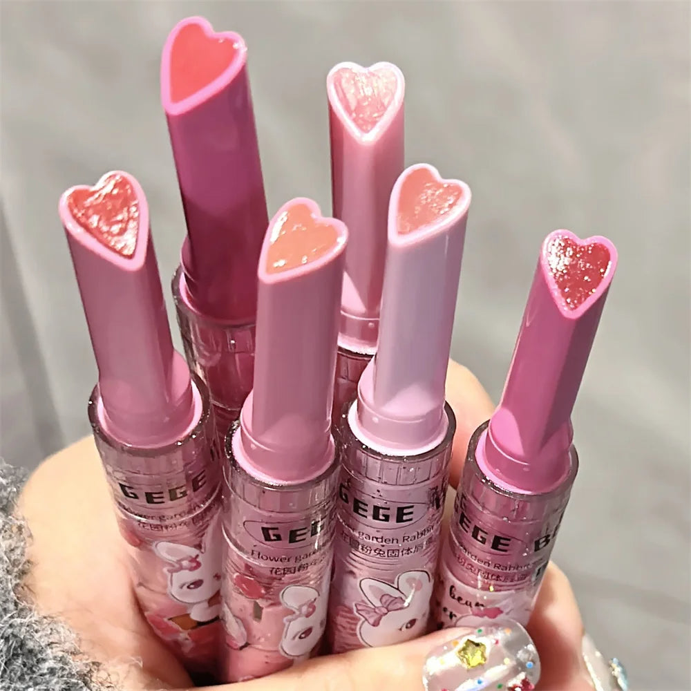 Gege Bear Cute Rabbit Jelly Lip Gloss Mirror Glass Solid Lip Glaze Flowers Water Light Heart Shape Lipstick