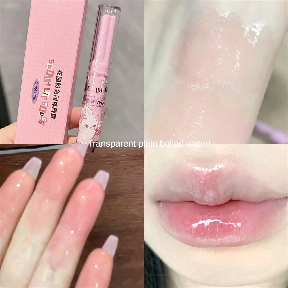 Gege Bear Cute Rabbit Jelly Lip Gloss Mirror Glass Solid Lip Glaze Flowers Water Light Heart Shape Lipstick