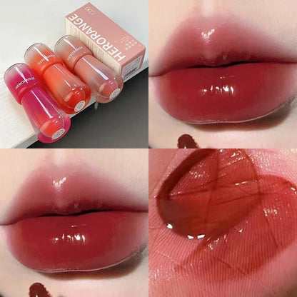 Korean Cute Transparent Water Glossy Lip Gloss Red Mirror Jelly Liquid Lipstick Moisturizing Long-lasting Lip Tint Korean Makeup Cosmetics