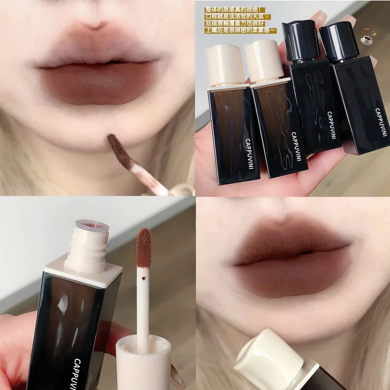 Korean Sexy Dark Brown Matte Velvet Lip Gloss Waterproof Liquid Lipstick Nude Brown Lips Tint Mud Makeup Latte Coffee Lip Glaze Cosmetics