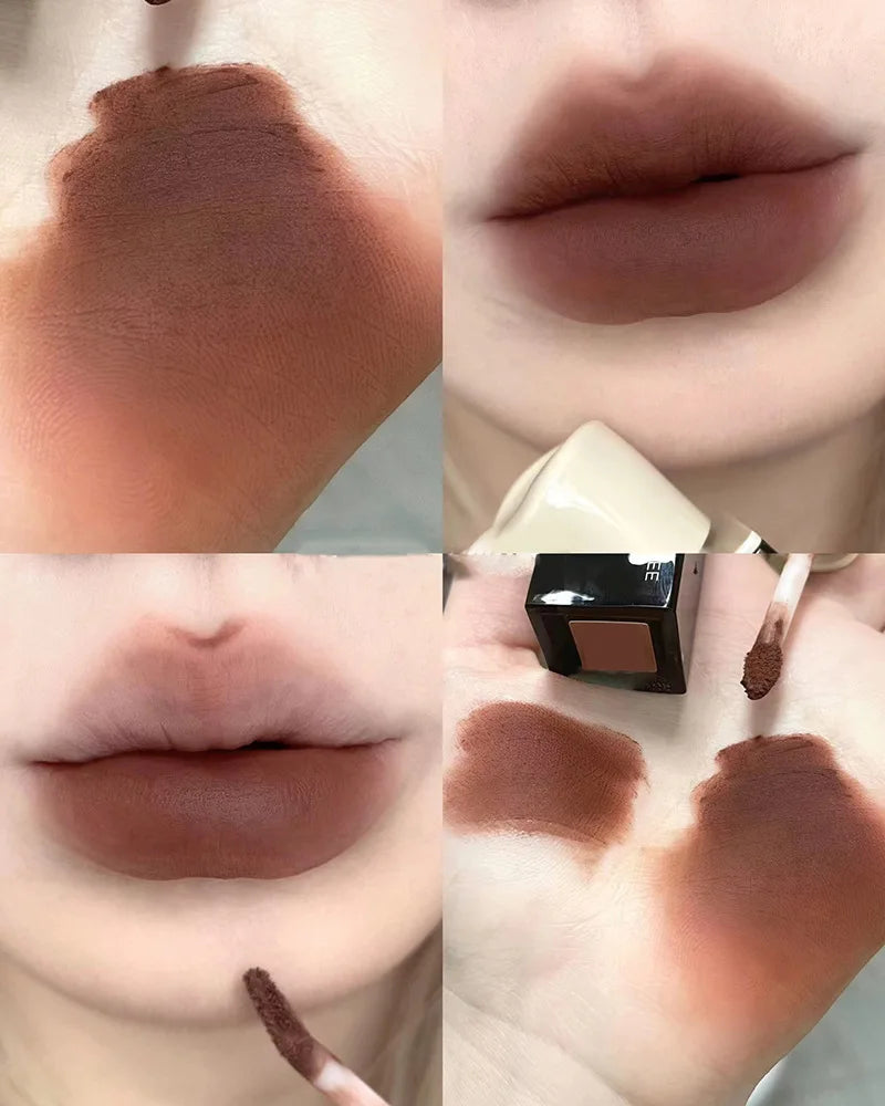 Korean Sexy Dark Brown Matte Velvet Lip Gloss Waterproof Liquid Lipstick Nude Brown Lips Tint Mud Makeup Latte Coffee Lip Glaze Cosmetics