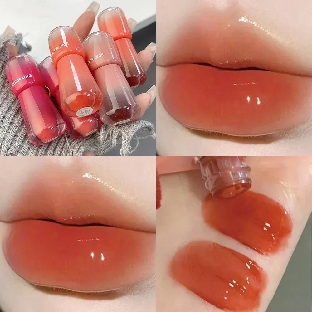 Korean Cute Transparent Water Glossy Lip Gloss Red Mirror Jelly Liquid Lipstick Moisturizing Long-lasting Lip Tint Korean Makeup Cosmetics